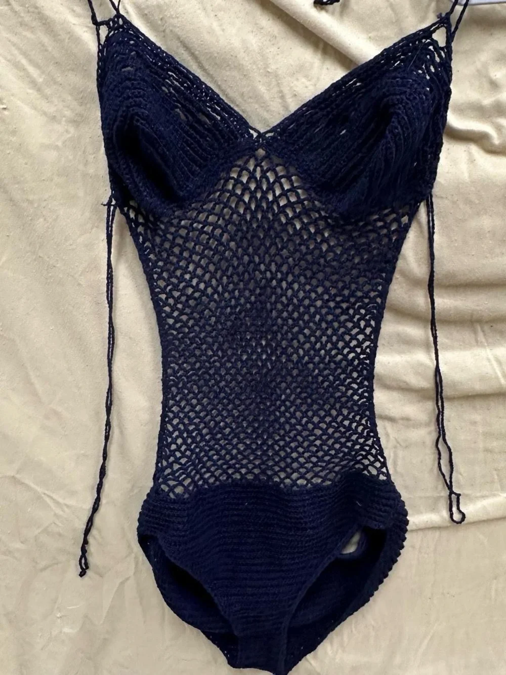 Crochet navy blue swim suit beach cover.